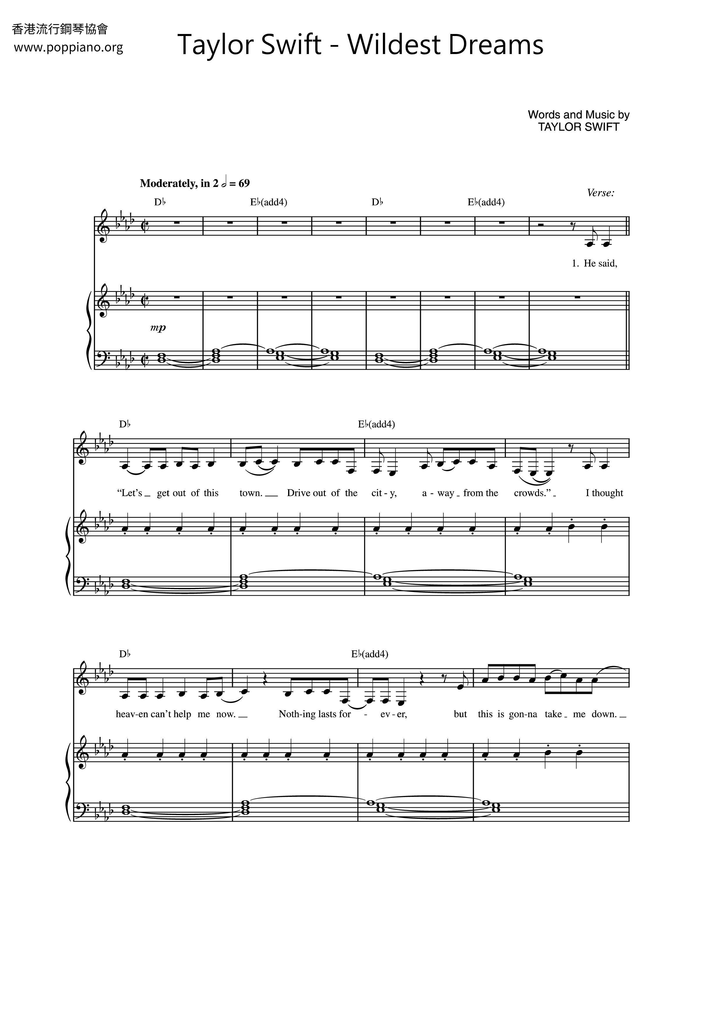 Taylor Swift Wildest Dreams Sheet Music Pdf Free Score Download ★